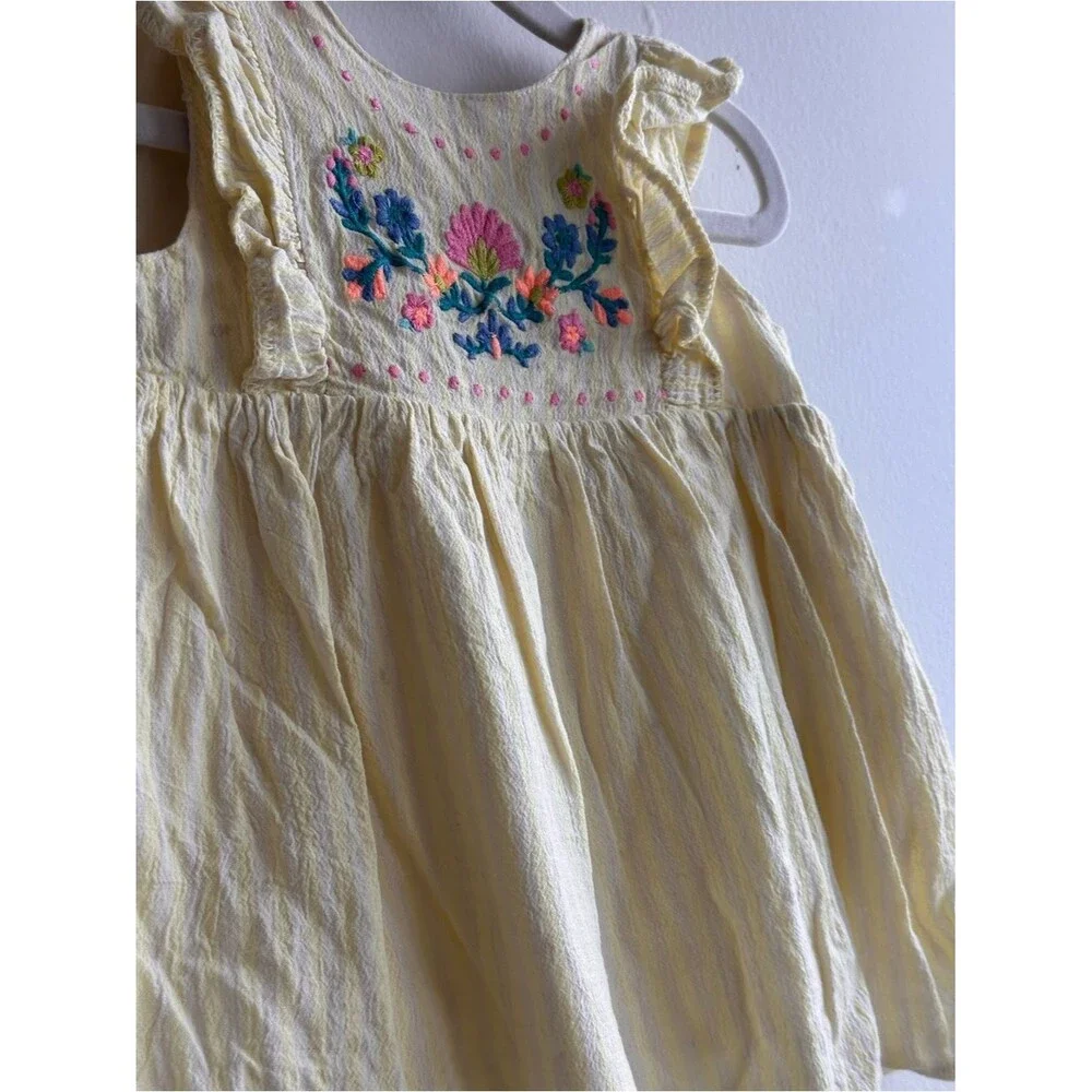 Yellow Striped Embroidered Ruffle Dress